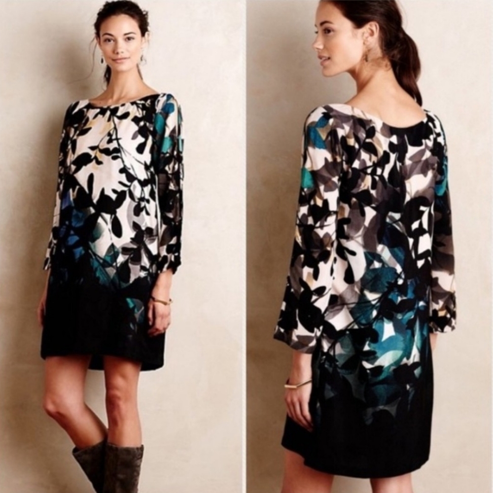 Anthropology Maeve Shift Dress Sz Medium Slit Long Sleeve Mysterious Multi Dress